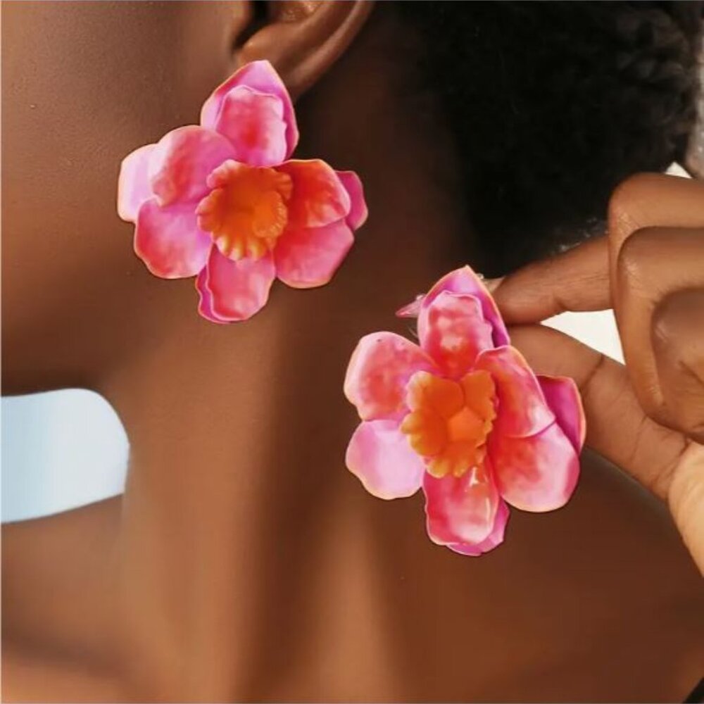Private Label Pink and Orange Floral Statement Earrings